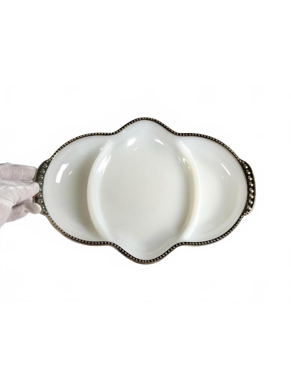 Vintage Fire King Milk Glass 3-Section Divided Dish Gold Beaded Trim Made in USA
